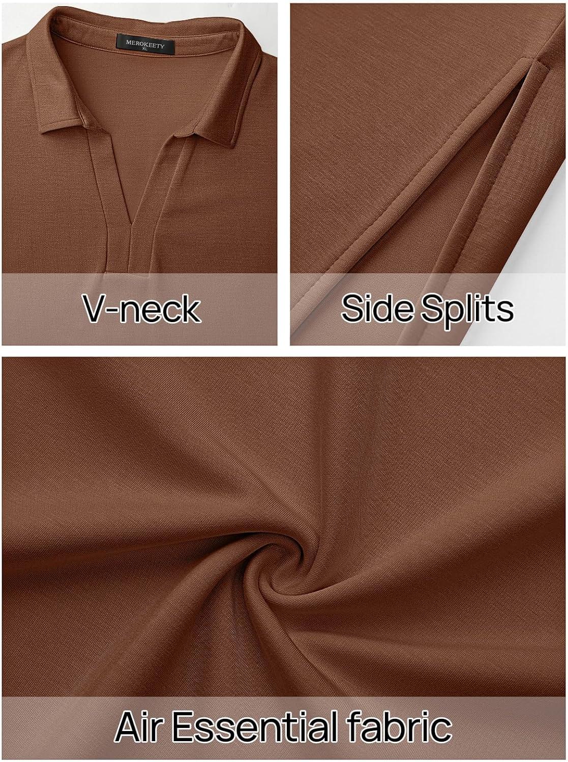 imageMEROKEETY Womens Summer Casual Maxi Dress 2026 Cap Sleeve V Neck Collared Beach Vacation T Shirt Long DressesBrown