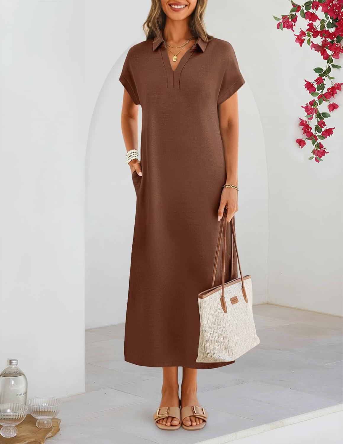 imageMEROKEETY Womens Summer Casual Maxi Dress 2026 Cap Sleeve V Neck Collared Beach Vacation T Shirt Long DressesBrown