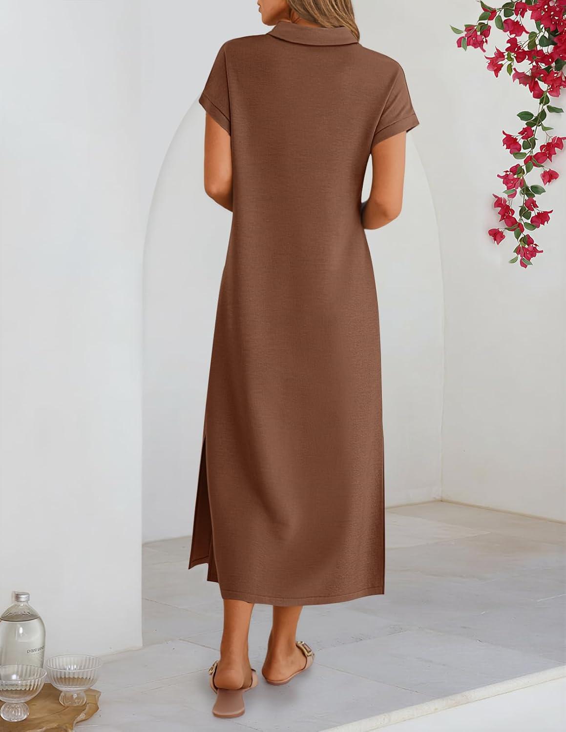 imageMEROKEETY Womens Summer Casual Maxi Dress 2026 Cap Sleeve V Neck Collared Beach Vacation T Shirt Long DressesBrown