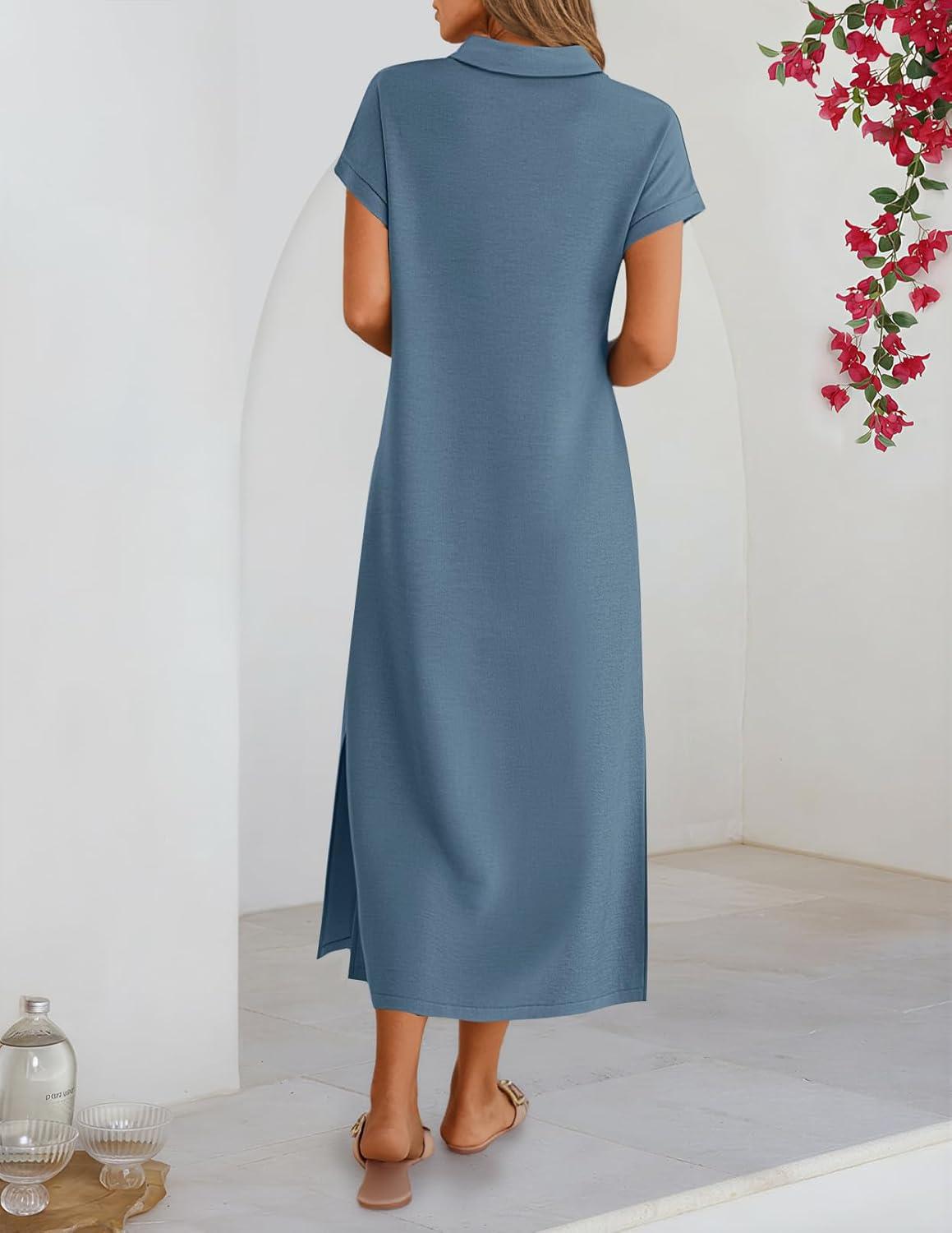 imageMEROKEETY Womens Summer Casual Maxi Dress 2026 Cap Sleeve V Neck Collared Beach Vacation T Shirt Long DressesGray Blue