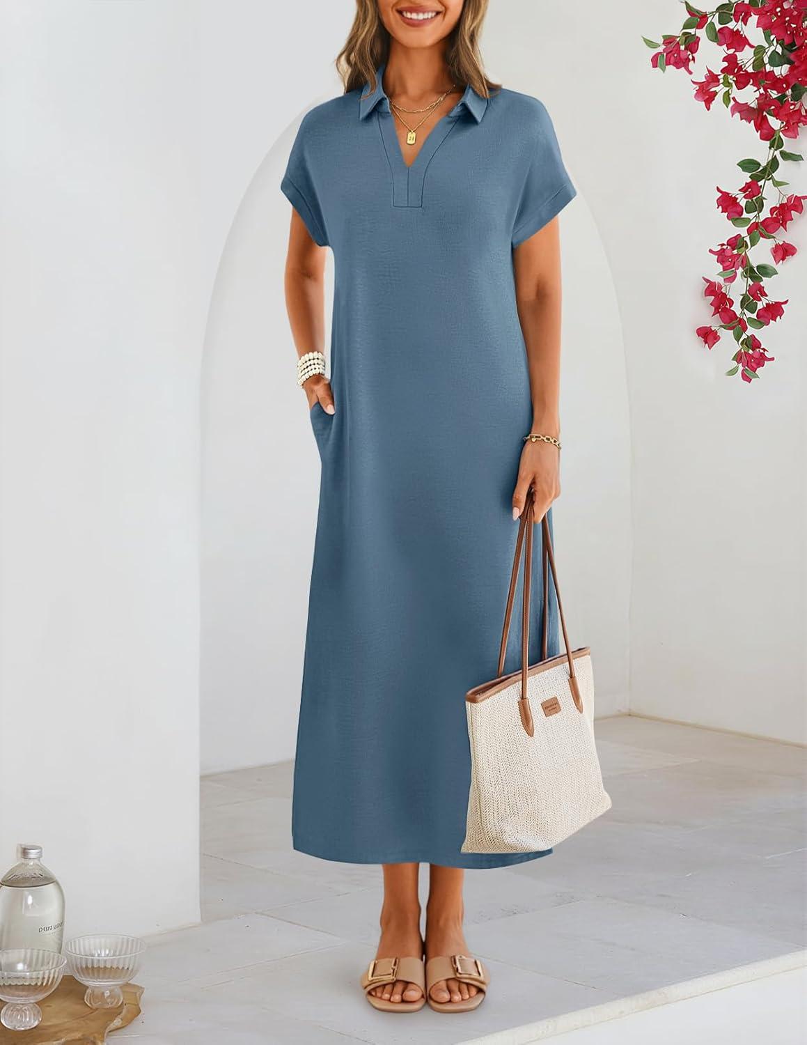 imageMEROKEETY Womens Summer Casual Maxi Dress 2026 Cap Sleeve V Neck Collared Beach Vacation T Shirt Long DressesGray Blue