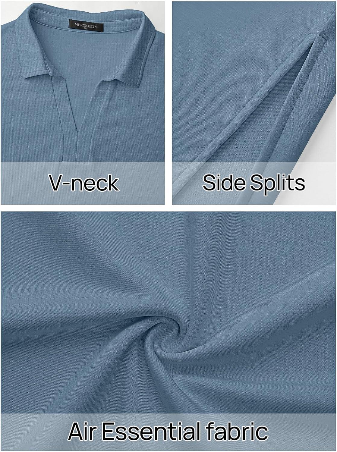 imageMEROKEETY Womens Summer Casual Maxi Dress 2026 Cap Sleeve V Neck Collared Beach Vacation T Shirt Long DressesGray Blue