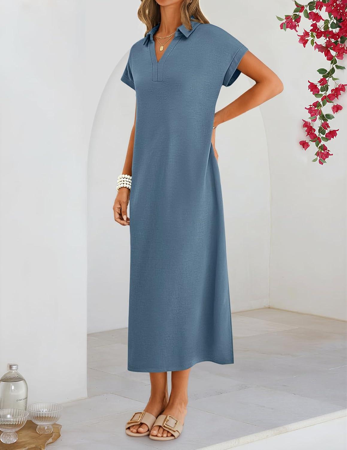 imageMEROKEETY Womens Summer Casual Maxi Dress 2026 Cap Sleeve V Neck Collared Beach Vacation T Shirt Long DressesGray Blue