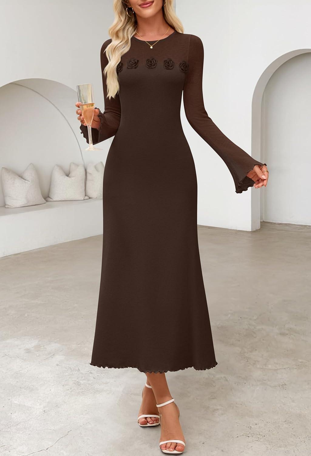 imageMEROKEETY Womens Sweater Dress Fall 2025 Long Sleeve Formal Wedding Guest Cocktail Bodycon Floral Maxi Winter DressesCoffee