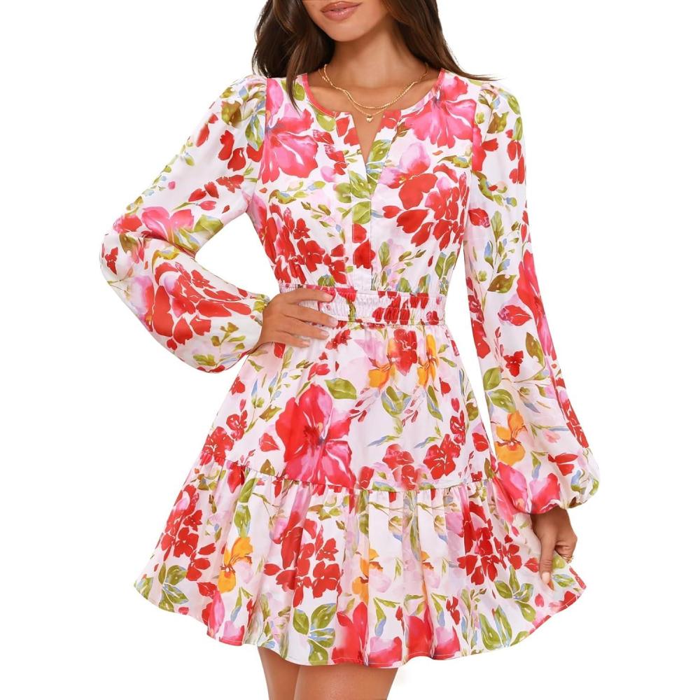 imageMEROKEETY Fall Wedding Guest Dresses for Women Long Sleeve Floral Casual Lightweight Flowy Swing Boho Dress PocketsPink