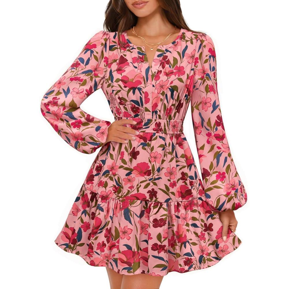 imageMEROKEETY Fall Wedding Guest Dresses for Women Long Sleeve Floral Casual Lightweight Flowy Swing Boho Dress PocketsVintage Pink