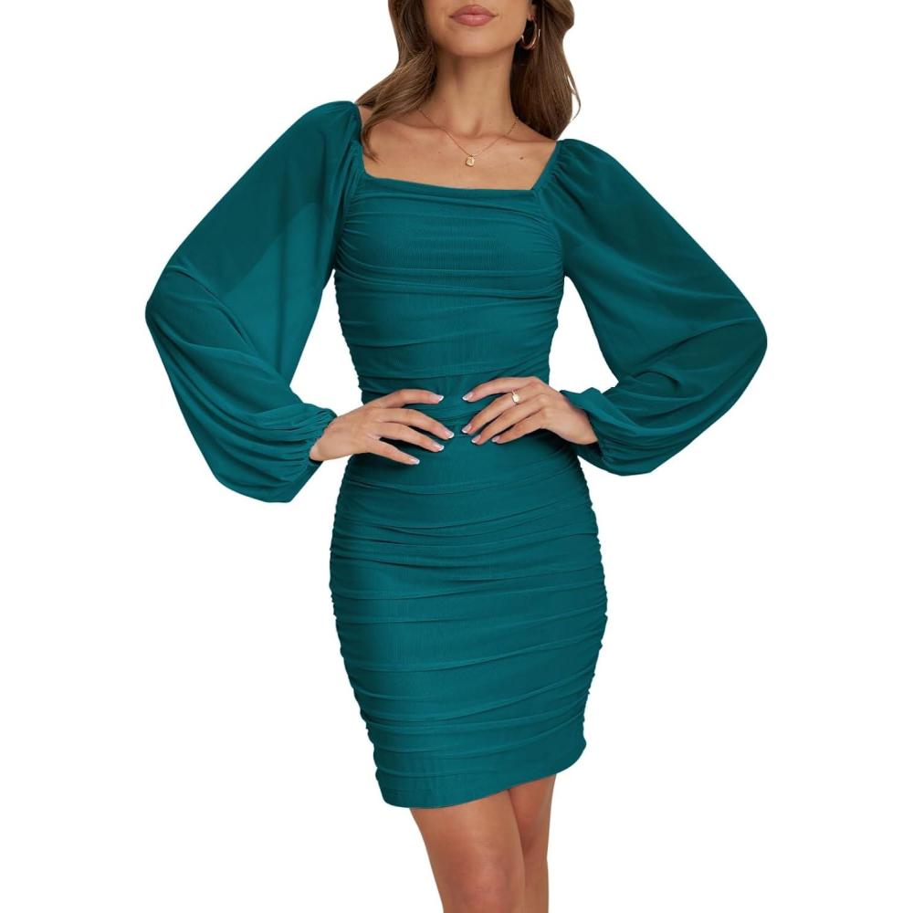 imageMEROKEETY Women Square Neck Lantern Long Sleeve Mesh Ruched Bodycon Clubwear Mini DressTeal