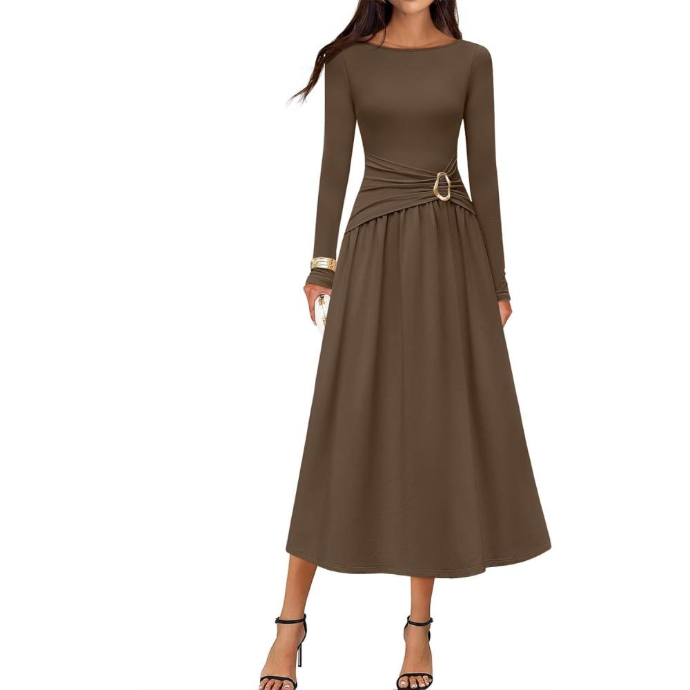 imageMEROKEETY Womens 2025 Fall Long Sleeve Midi Dress Elegant Boat Neck Ruched Swing Cocktail Party DressesBrown