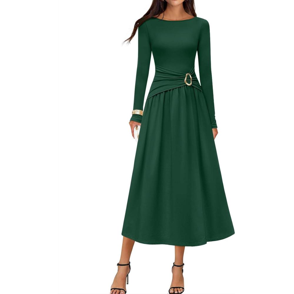 imageMEROKEETY Womens 2025 Fall Long Sleeve Midi Dress Elegant Boat Neck Ruched Swing Cocktail Party DressesDark Green