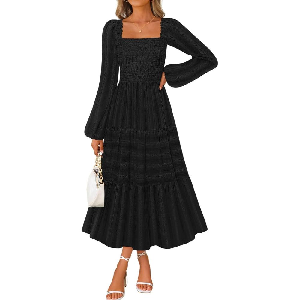 imageMEROKEETY Womens 2025 Long Sleeve Fall Dress Square Neck Smocked Flowy Tiered Casual Maxi Dresses with PocketsBlack