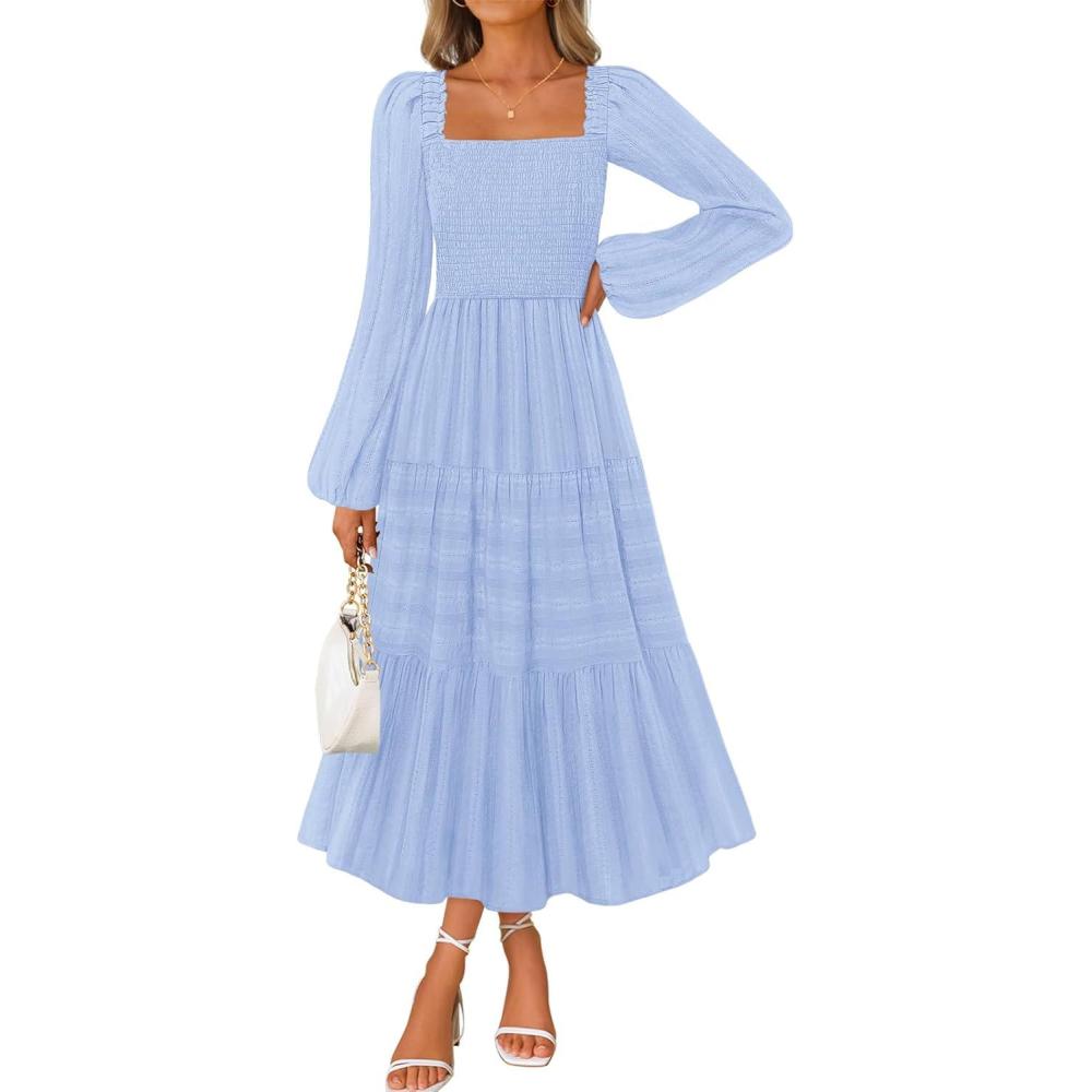 imageMEROKEETY Womens 2025 Long Sleeve Fall Dress Square Neck Smocked Flowy Tiered Casual Maxi Dresses with PocketsBlue