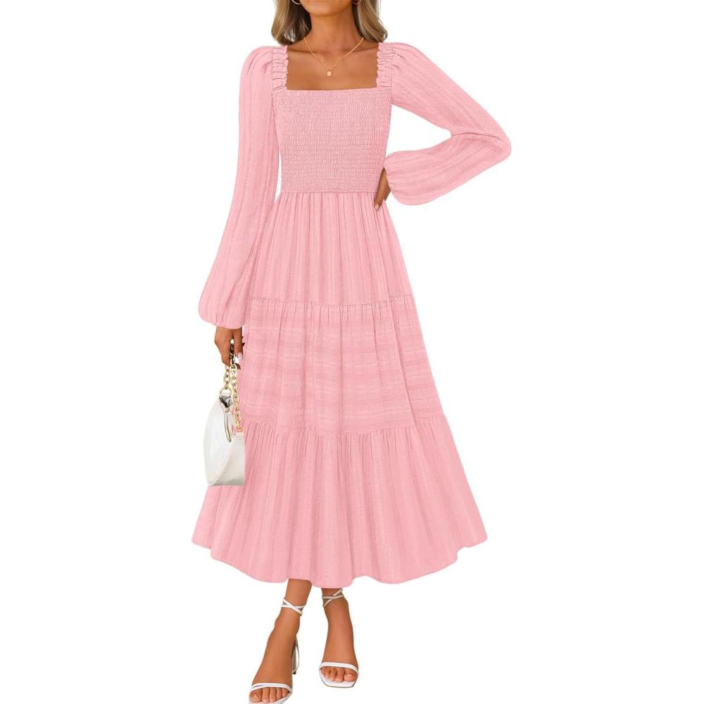 imageMEROKEETY Womens 2025 Long Sleeve Fall Dress Square Neck Smocked Flowy Tiered Casual Maxi Dresses with PocketsPink