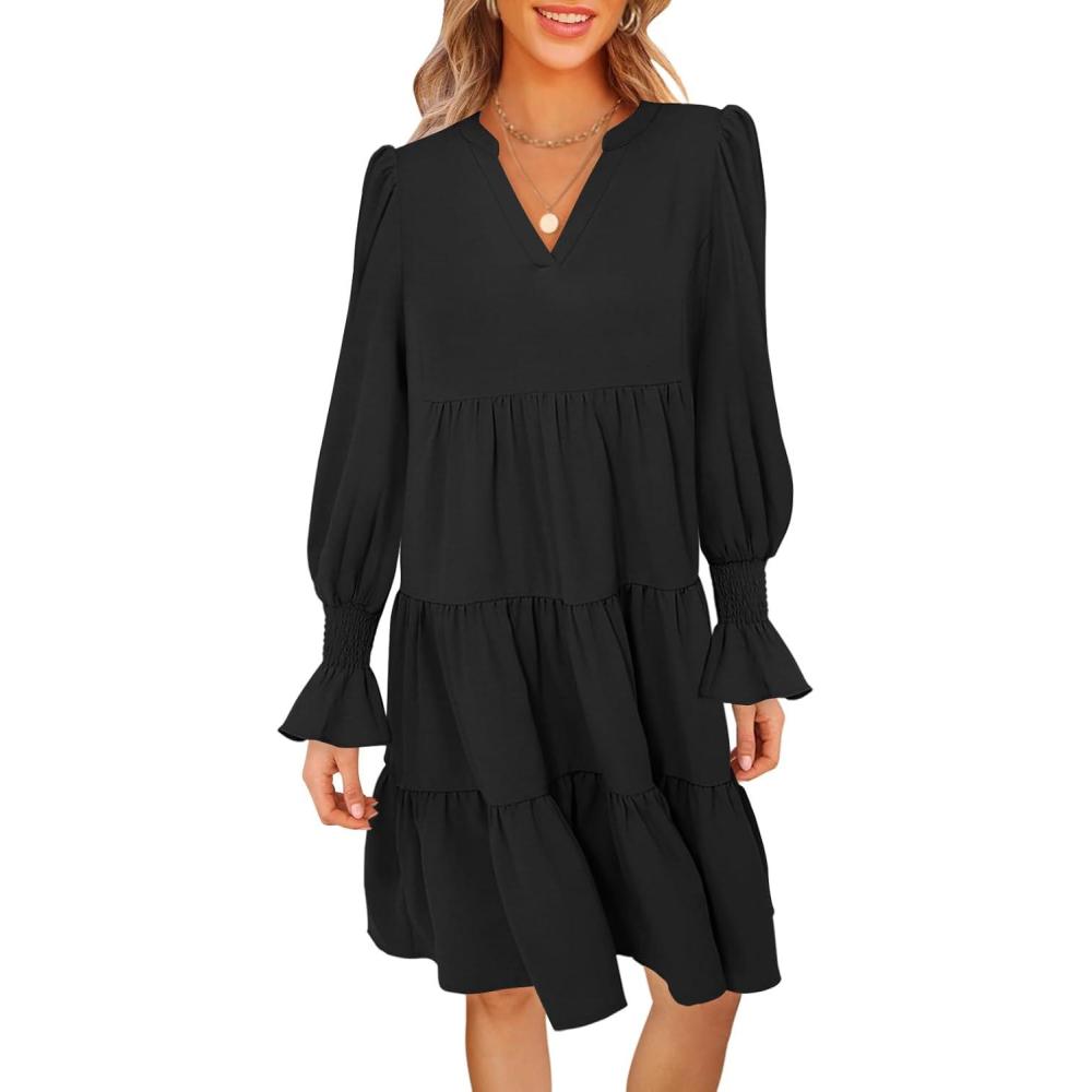 imageMEROKEETY Womens 2025 Long Sleeve Midi Dress V Neck Flowy Swing Ruffle Tiered Fall Casual DressesBlack