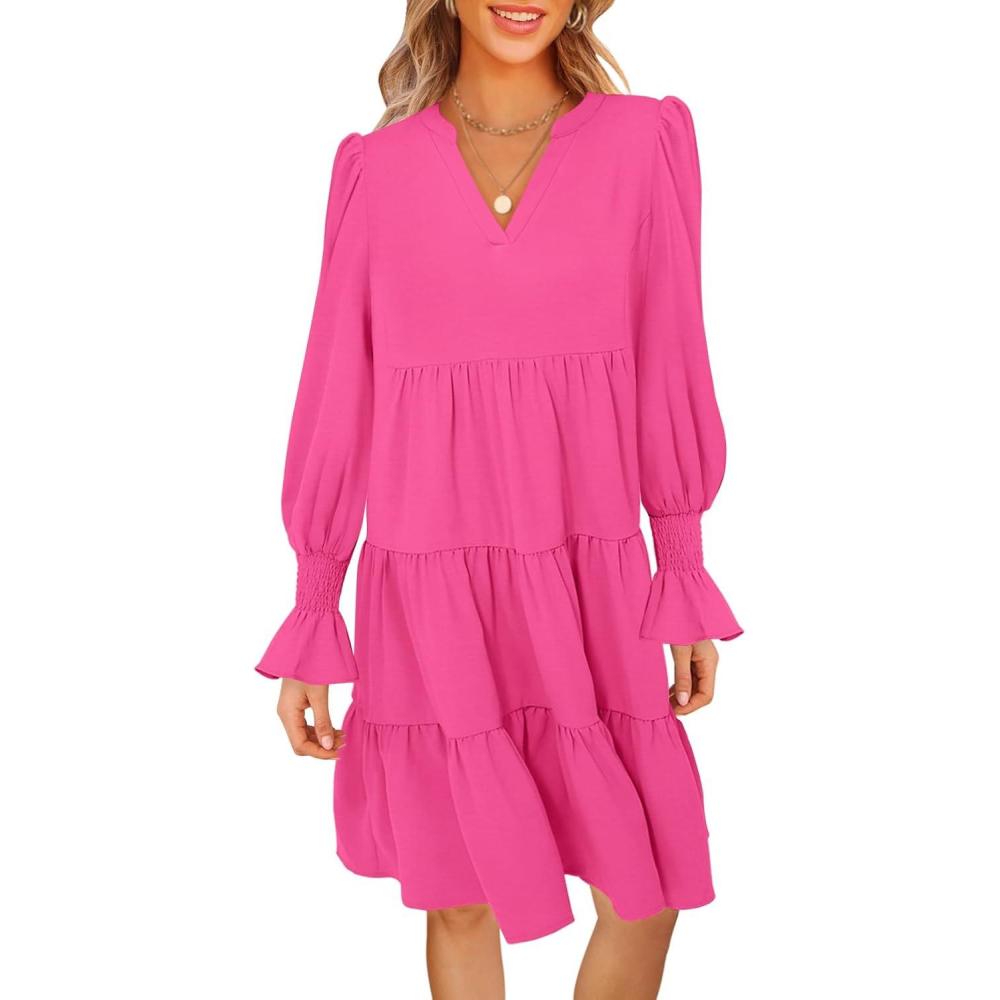 imageMEROKEETY Womens 2025 Long Sleeve Midi Dress V Neck Flowy Swing Ruffle Tiered Fall Casual DressesHot Pink