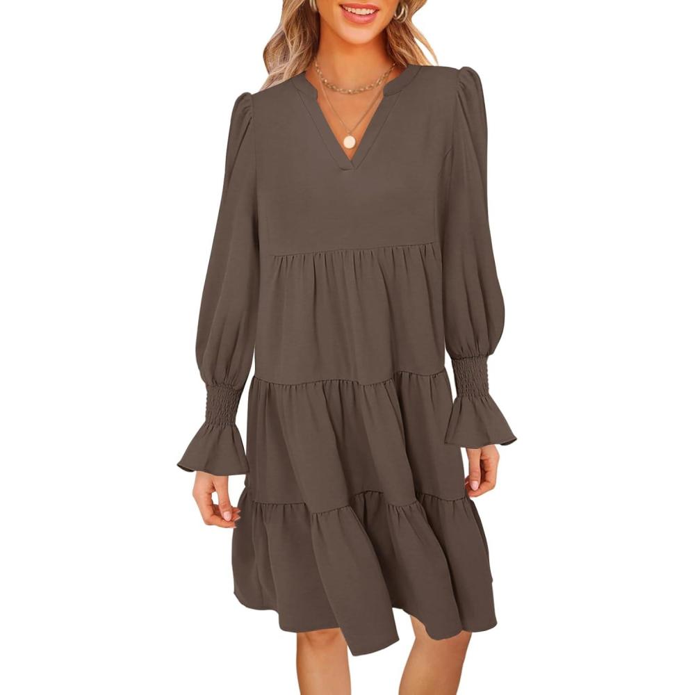 imageMEROKEETY Womens 2025 Long Sleeve Midi Dress V Neck Flowy Swing Ruffle Tiered Fall Casual DressesLight Coffee