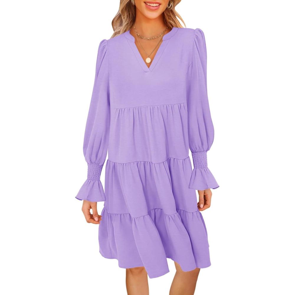 imageMEROKEETY Womens 2025 Long Sleeve Midi Dress V Neck Flowy Swing Ruffle Tiered Fall Casual DressesLilac