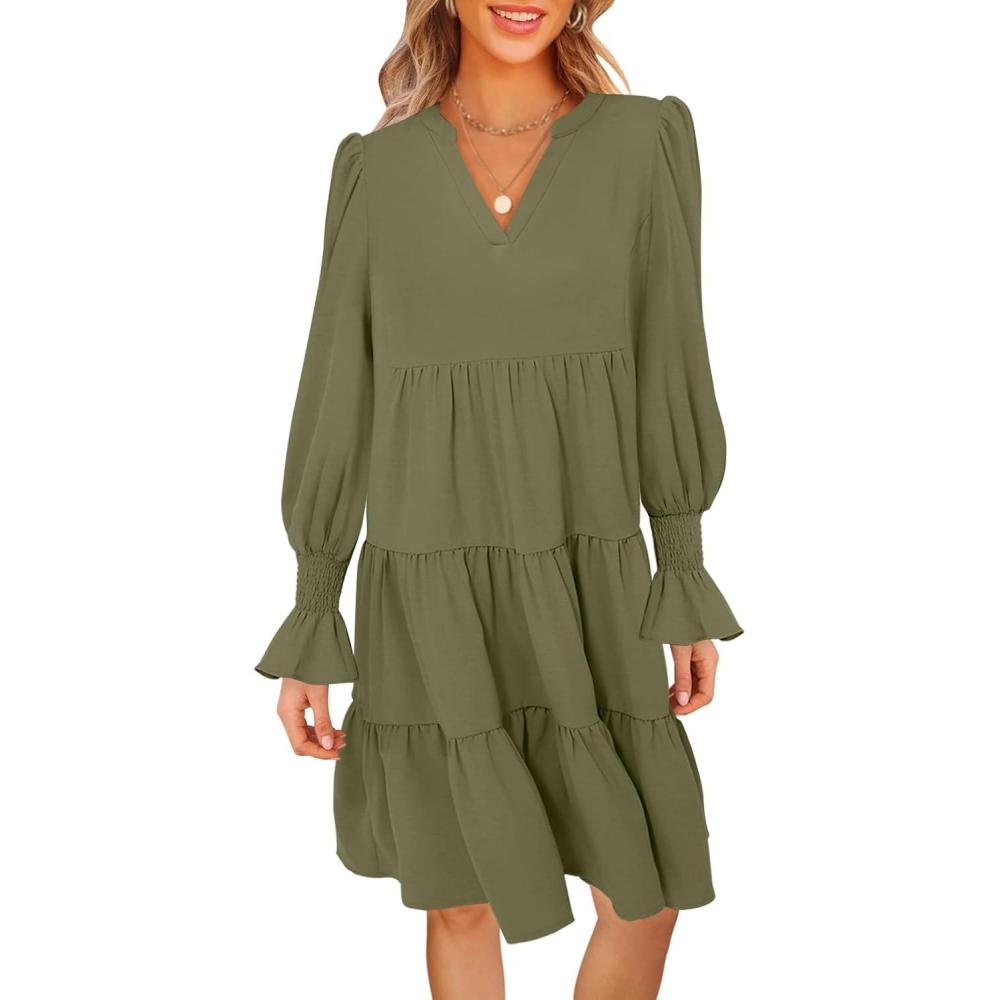 imageMEROKEETY Womens 2025 Long Sleeve Midi Dress V Neck Flowy Swing Ruffle Tiered Fall Casual DressesOlive