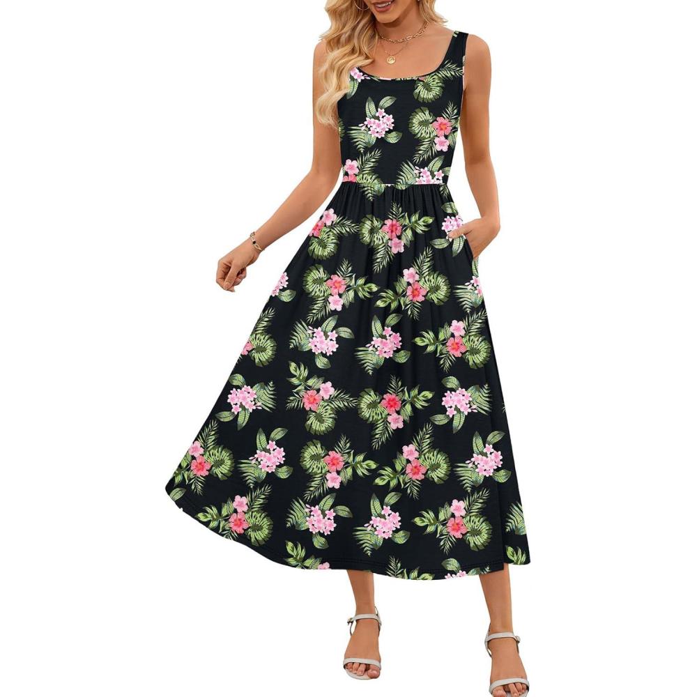 imageMEROKEETY Womens 2025 Summer Casual Floral Midi Dress Sleeveless Beach Vacation Tank Hawaiian SundressBlack