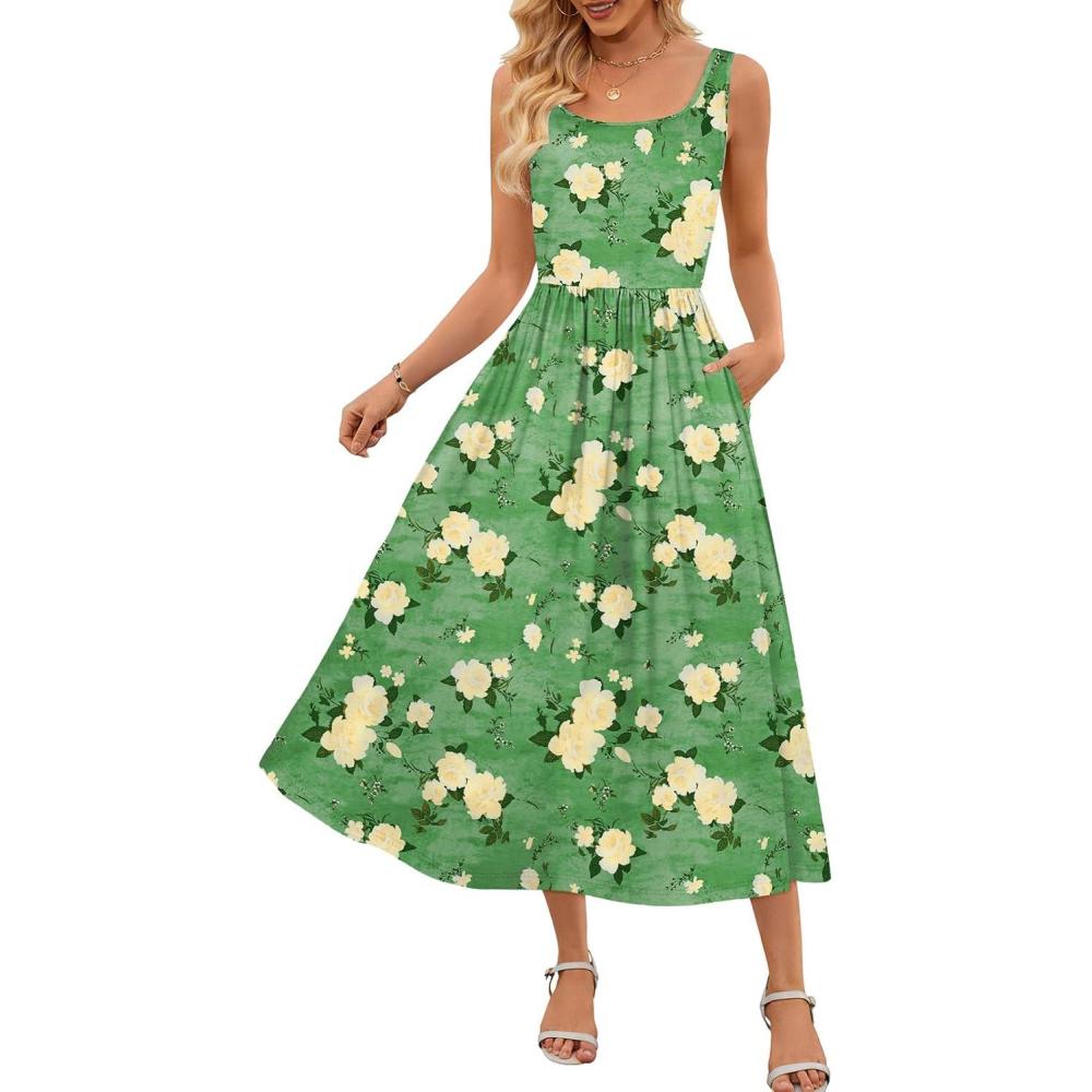 imageMEROKEETY Womens 2025 Summer Casual Floral Midi Dress Sleeveless Beach Vacation Tank Hawaiian SundressGreen