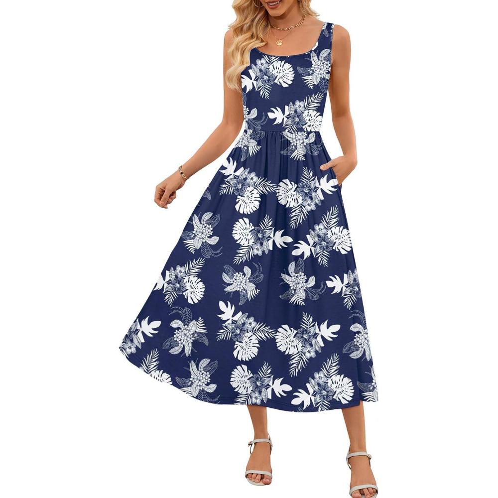 imageMEROKEETY Womens 2025 Summer Casual Floral Midi Dress Sleeveless Beach Vacation Tank Hawaiian SundressNavy
