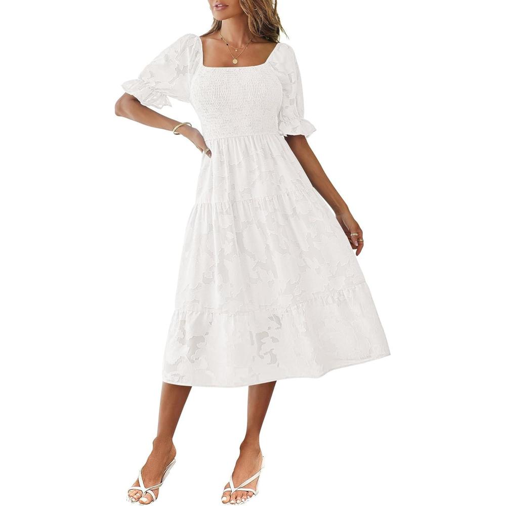 imageMEROKEETY Womens 2025 Summer Short Puff Sleeve Smocked Square Neck Floral Textured Tiered Midi DressWhite