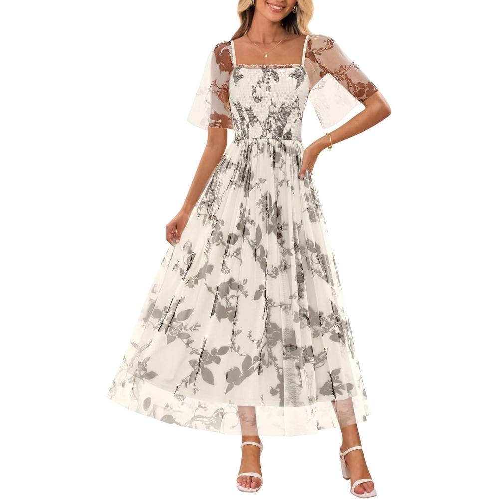 imageMEROKEETY Womens 2025 Summer Short Sleeve Floral Tulle Dress Square Neck Smocked Party Wedding Boho Maxi DressesBeige