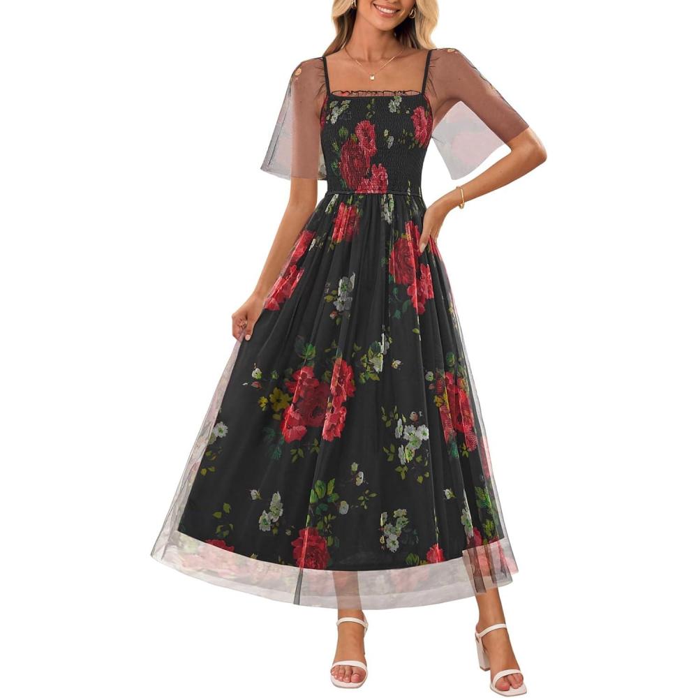imageMEROKEETY Womens 2025 Summer Short Sleeve Floral Tulle Dress Square Neck Smocked Party Wedding Boho Maxi DressesBlack