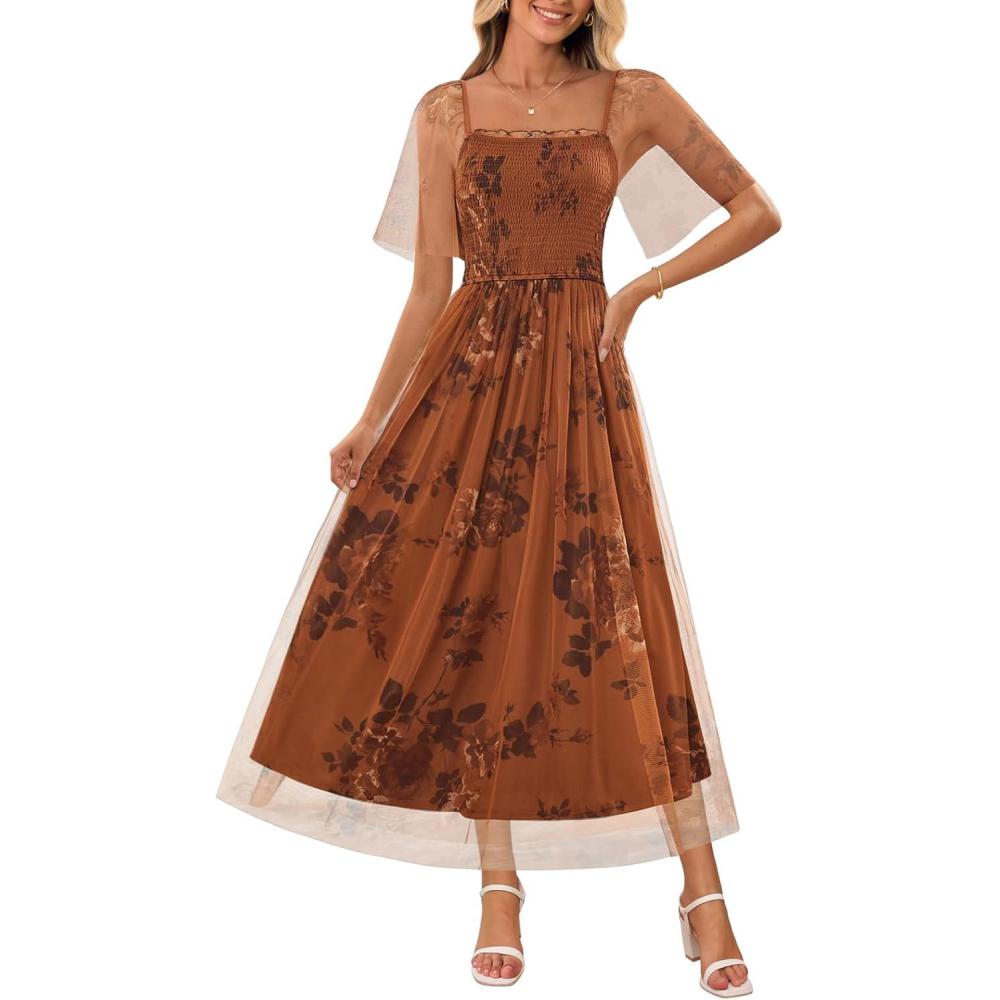 imageMEROKEETY Womens 2025 Summer Short Sleeve Floral Tulle Dress Square Neck Smocked Party Wedding Boho Maxi DressesBrown