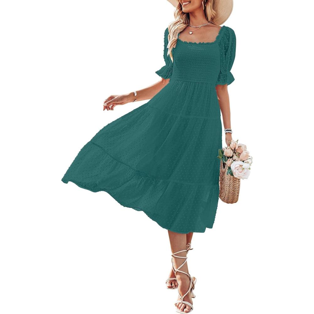 imageMEROKEETY Womens 2025 Summer Square Neck Puff Sleeve Boho Midi Dress Swiss Dot Ruffle Flowy Tie Back DressDark Green