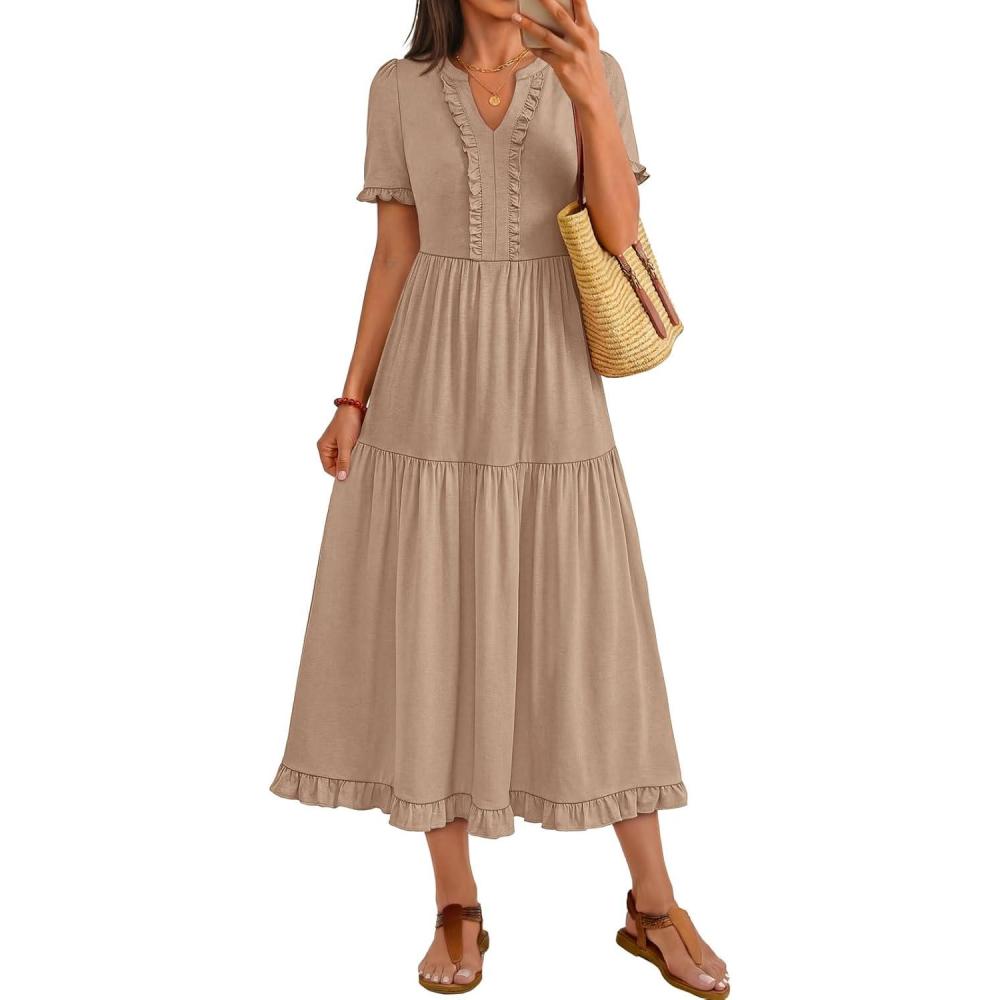 imageMEROKEETY Womens 2026 Summer Casual Midi Dress Short Sleeve V Neck A Line Flowy Tiered Vacation Beach DressesMocha