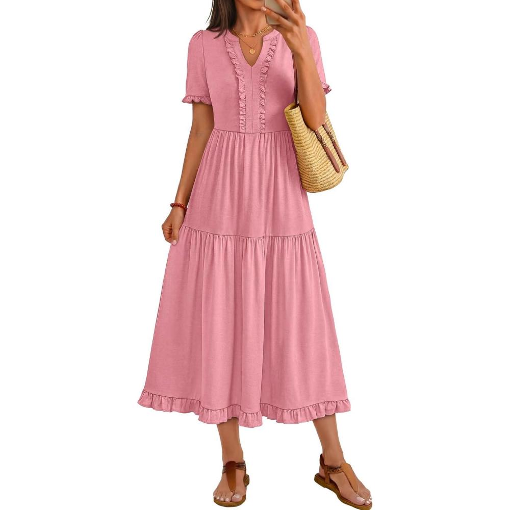 imageMEROKEETY Womens 2026 Summer Casual Midi Dress Short Sleeve V Neck A Line Flowy Tiered Vacation Beach DressesPink