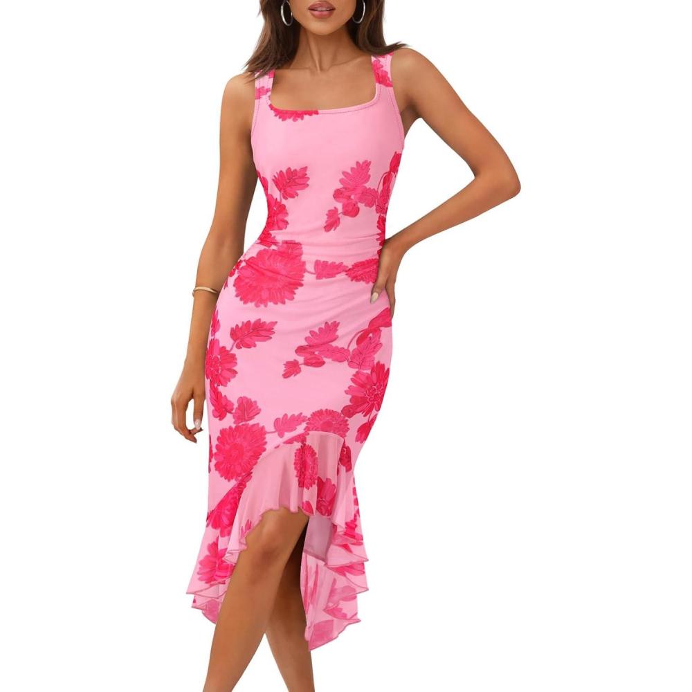 imageMEROKEETY Womens 2026 Summer Floral Bodycon Dress Square Neck Sleeveless Ruffle Cocktail Mesh Beach Vacation Midi DressesDark Pink