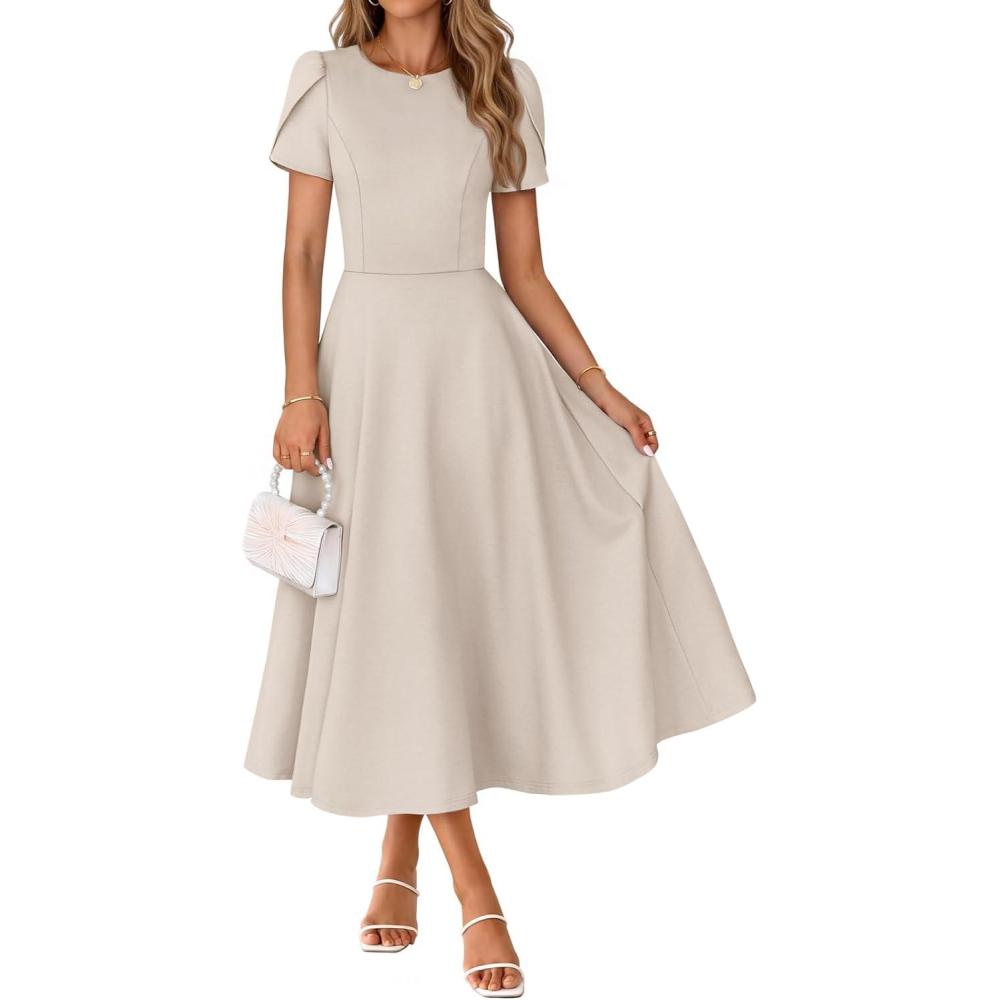 imageMEROKEETY Womens 2026 Summer Midi Dresses Short Sleeve Crewneck A Line Pleated Wedding Guest Flowy Long Dress with PocketsApricot