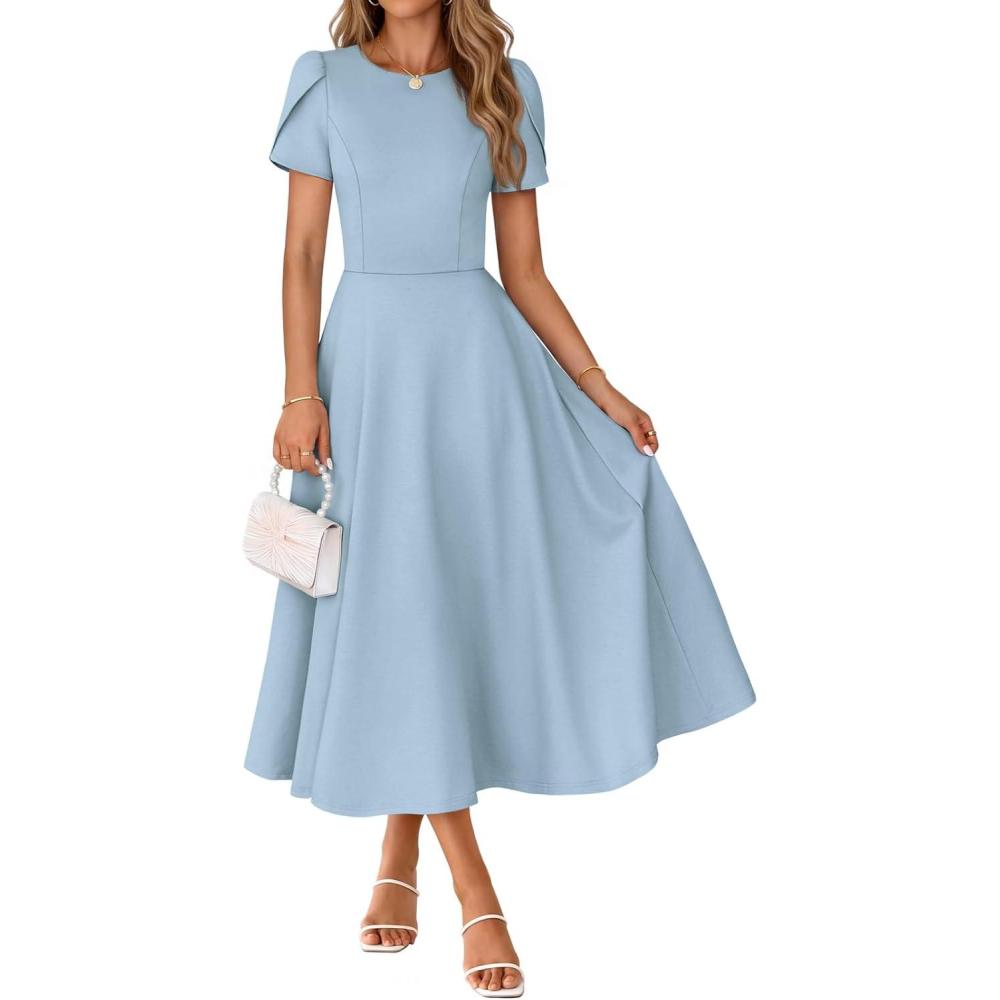 imageMEROKEETY Womens 2026 Summer Midi Dresses Short Sleeve Crewneck A Line Pleated Wedding Guest Flowy Long Dress with PocketsBlue