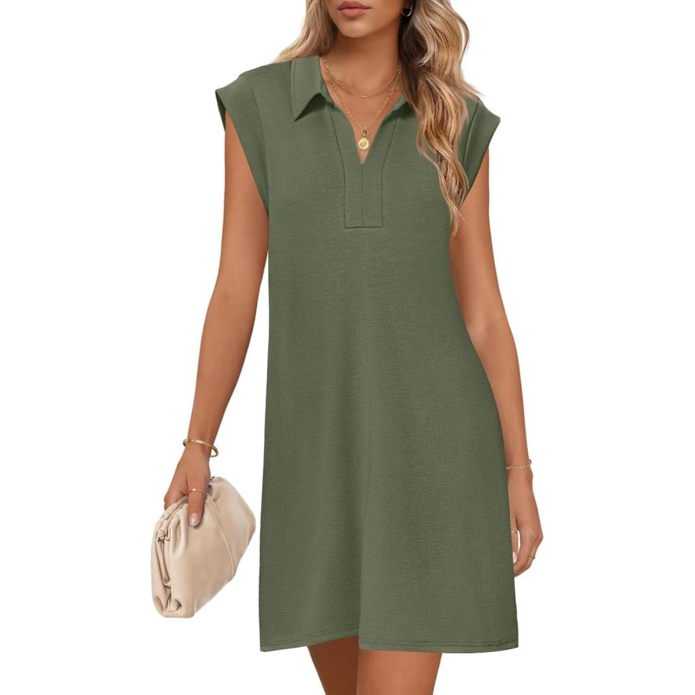 imageMEROKEETY Womens 2026 Summer Short Sleeve Mini Dress Casual Collared V Neck Loose T Shirt DressesArmy Green