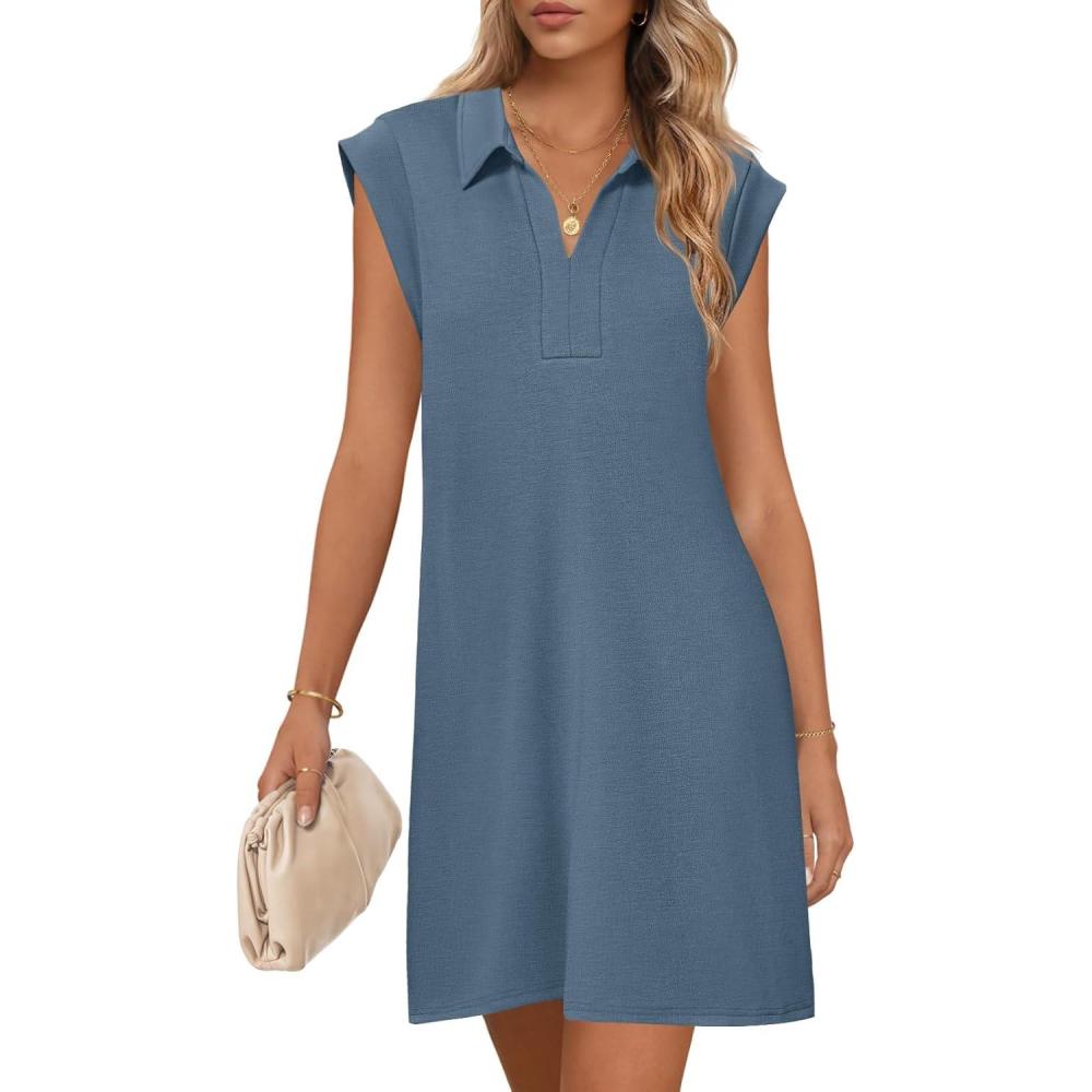 imageMEROKEETY Womens 2026 Summer Short Sleeve Mini Dress Casual Collared V Neck Loose T Shirt DressesGray Blue