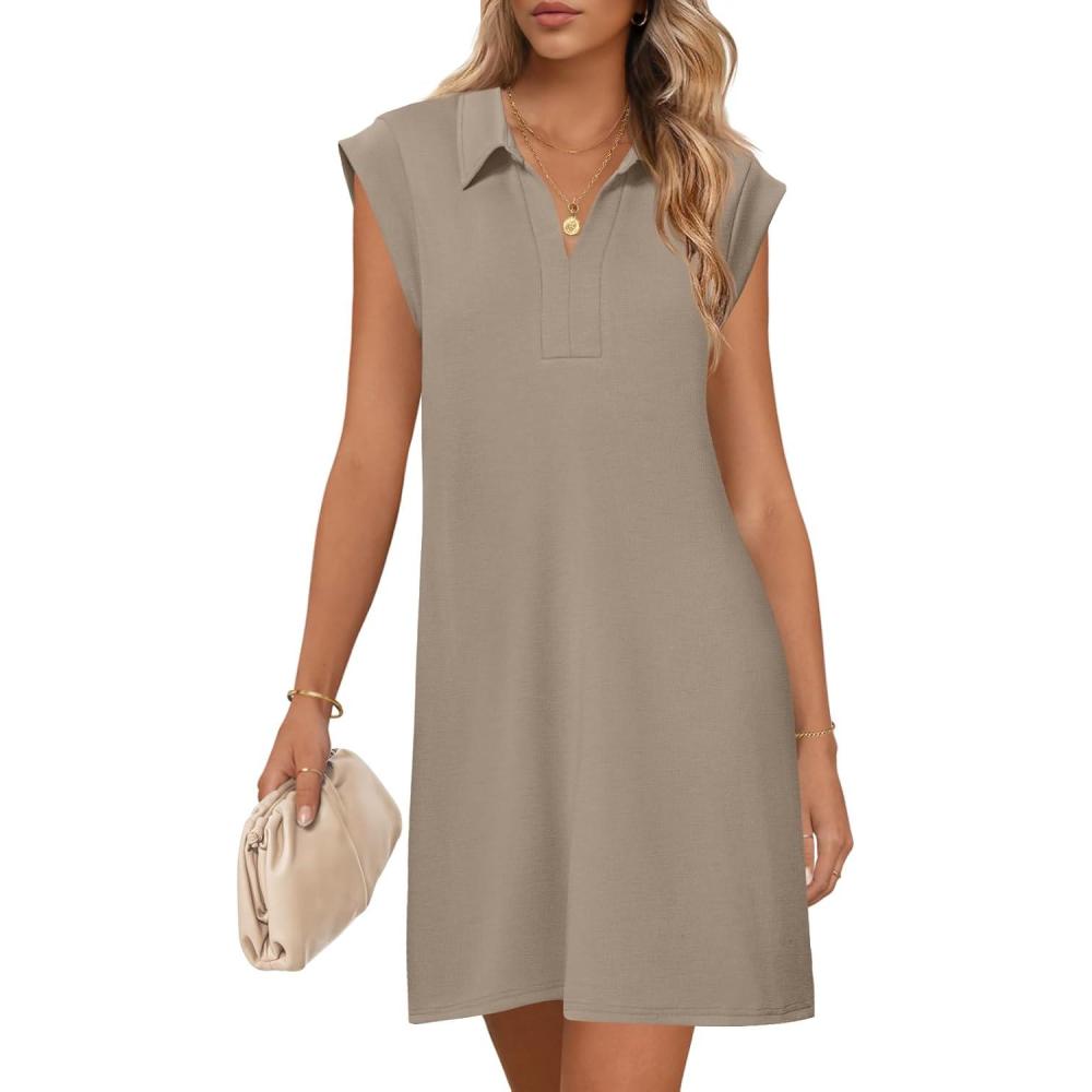 imageMEROKEETY Womens 2026 Summer Short Sleeve Mini Dress Casual Collared V Neck Loose T Shirt DressesLightcoffee