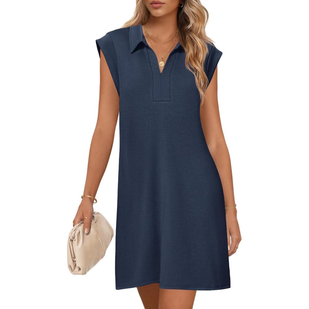 imageMEROKEETY Womens 2026 Summer Short Sleeve Mini Dress Casual Collared V Neck Loose T Shirt DressesNavy