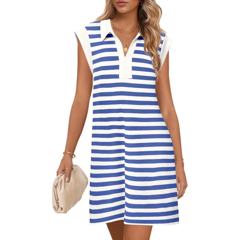 imageMEROKEETY Womens 2026 Summer Short Sleeve Mini Dress Casual Collared V Neck Loose T Shirt DressesStriped Blue