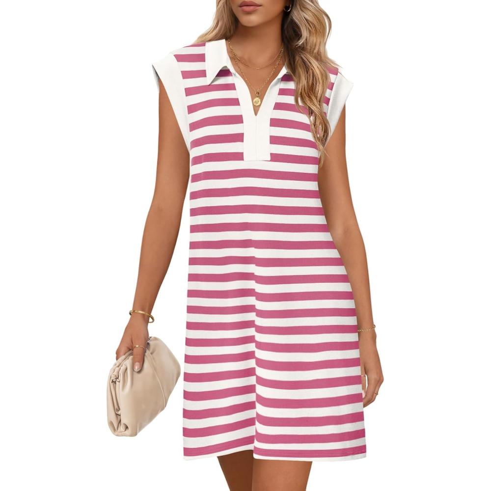 imageMEROKEETY Womens 2026 Summer Short Sleeve Mini Dress Casual Collared V Neck Loose T Shirt DressesStripedpink
