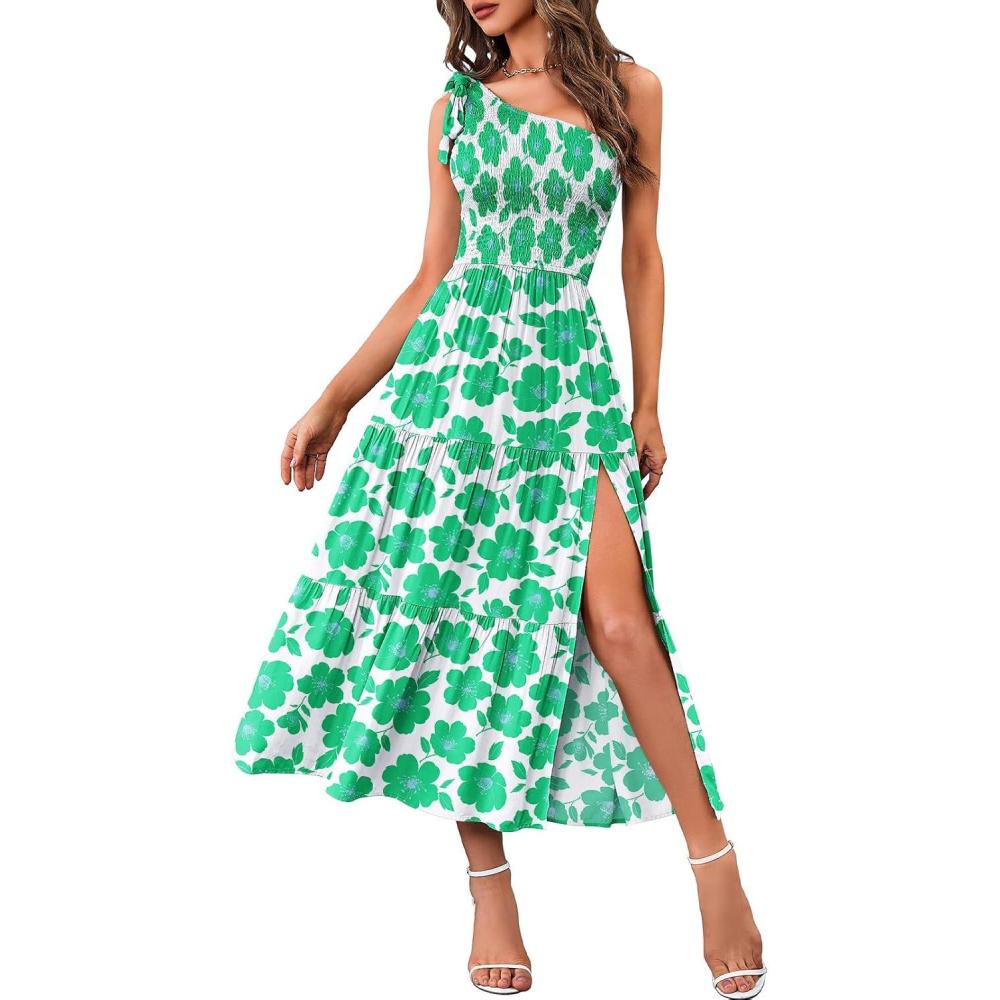 imageMEROKEETY Womens 2026 Summer Sleeveless Midi Dress One Shoulder Knot Smocked Split Formal Cocktail Wedding Guest DressesGreenfloral