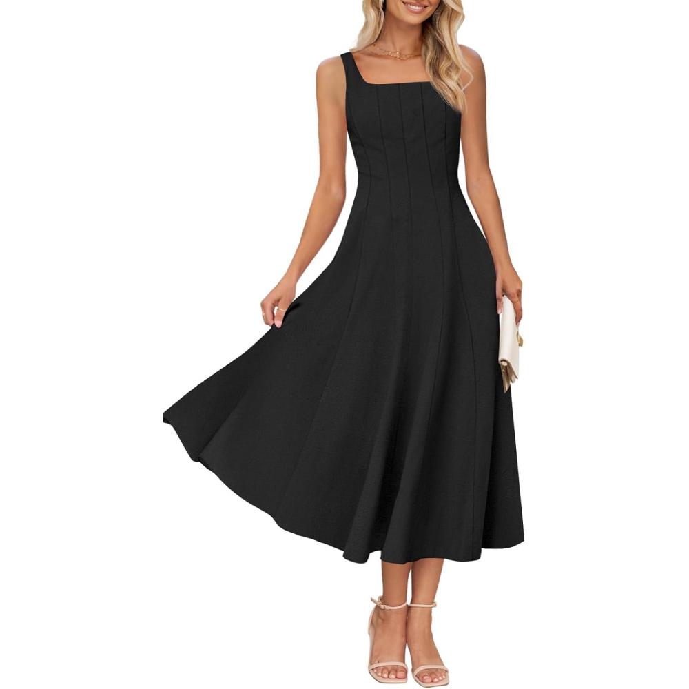 imageMEROKEETY Womens 2026 Summer Sleeveless Midi Dress Square Neck Smocked Flowy A Line Beach DressesBlack