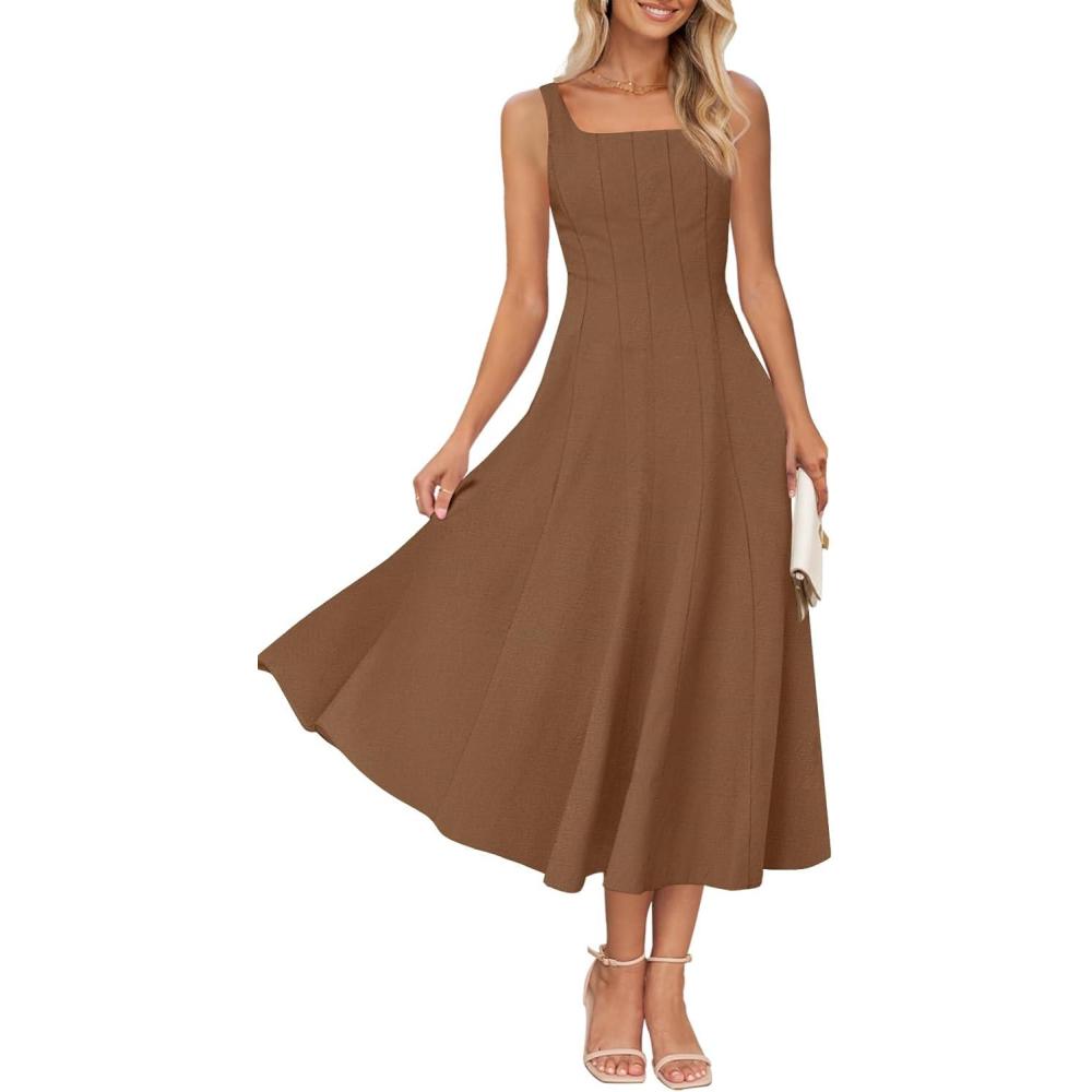 imageMEROKEETY Womens 2026 Summer Sleeveless Midi Dress Square Neck Smocked Flowy A Line Beach DressesCoffee