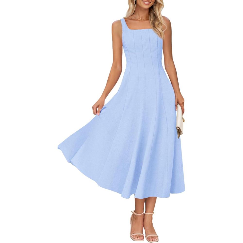 imageMEROKEETY Womens 2026 Summer Sleeveless Midi Dress Square Neck Smocked Flowy A Line Beach DressesLight Blue