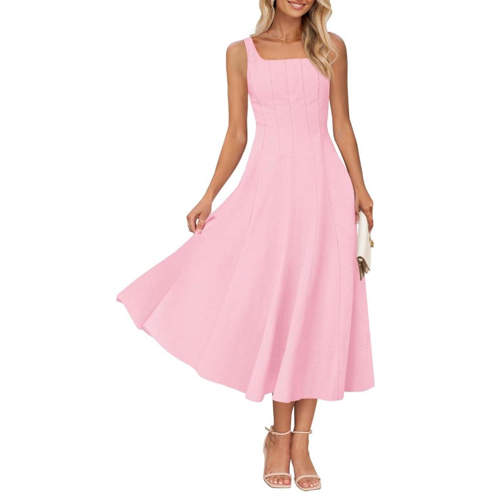 imageMEROKEETY Womens 2026 Summer Sleeveless Midi Dress Square Neck Smocked Flowy A Line Beach DressesLight Pink