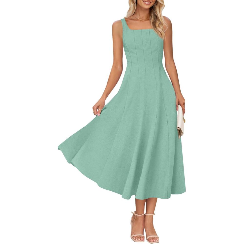 imageMEROKEETY Womens 2026 Summer Sleeveless Midi Dress Square Neck Smocked Flowy A Line Beach DressesSage