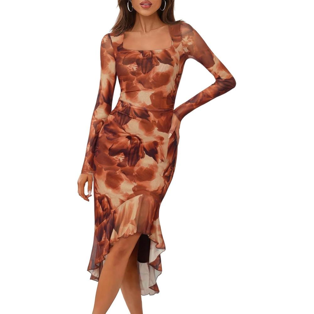 imageMEROKEETY Womens 2026 Wedding Guest Dress Bodycon Long Sleeve Square Neck Ruched Mesh Cocktail Party Holiday Midi DressesCaramel