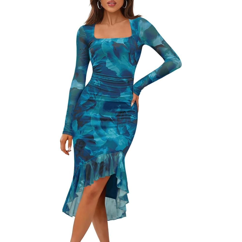 imageMEROKEETY Womens 2026 Wedding Guest Dress Bodycon Long Sleeve Square Neck Ruched Mesh Cocktail Party Holiday Midi DressesTeal