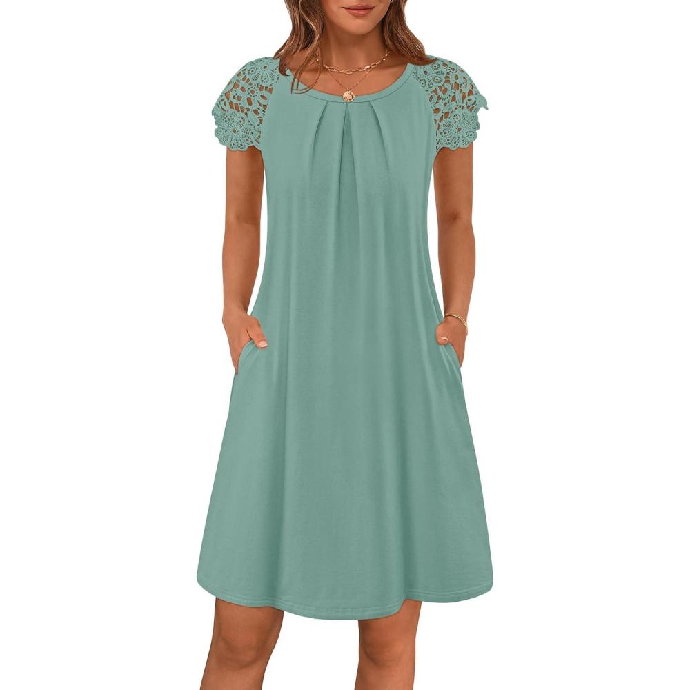 imageMEROKEETY Womens Casual Summer T Shirt Dress Beach Vacation Lace Sleeveless Flowy Pleated Mini SundressAqua