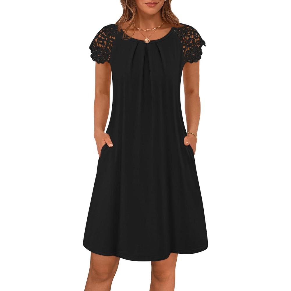 imageMEROKEETY Womens Casual Summer T Shirt Dress Beach Vacation Lace Sleeveless Flowy Pleated Mini SundressBlack